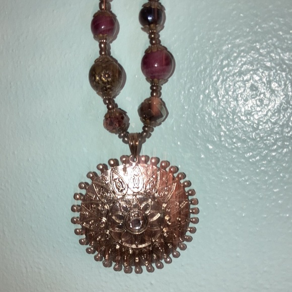 Purple-Beaded, Silver Medallion Necklace - Picture 2 of 5